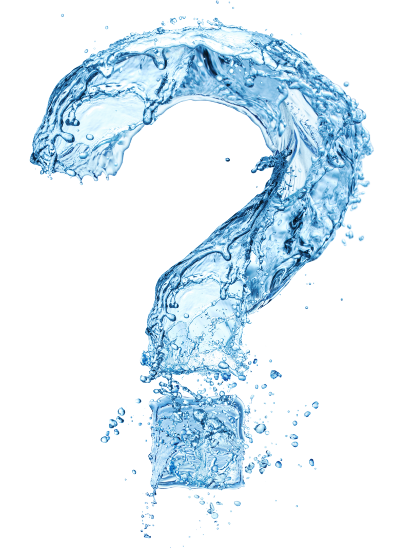 Water splash with water droplets in the form of fluid question mark