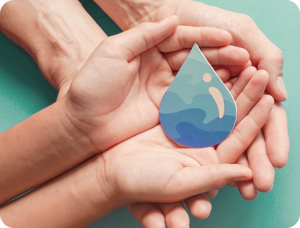 Two pairs of hands holding a cardboard cutout of a blue water droplet over a blue background